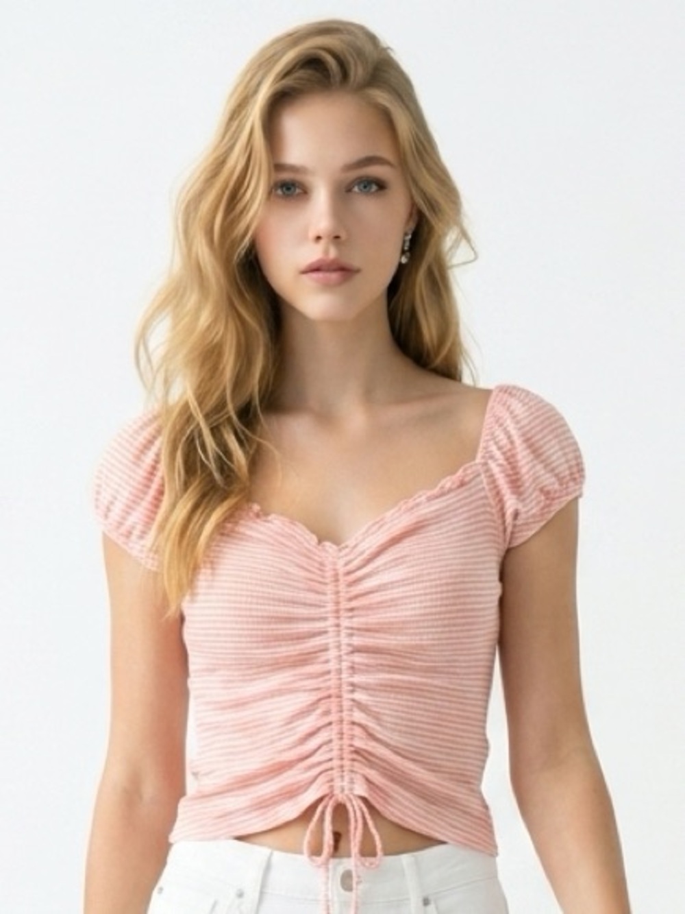 BWEAR | NEW Cinch Front Off the Shoulder Orange White Stripe Top Women’s Size L